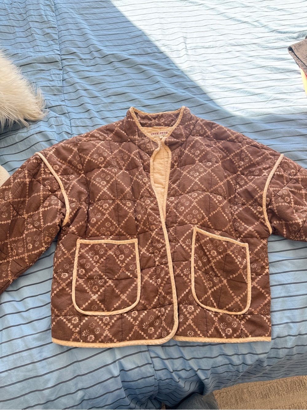 Free People Brown Quilted Puffer Jacket with Cream Trim